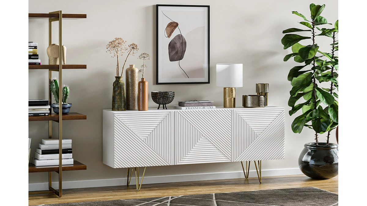 Buffet Design Blanc Et Métal Doré 3 Portes L160 Cm OZEN 9 Buffet Design Blanc Et Métal Doré 3 Portes L160 Cm OZEN – Image 7