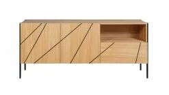 Buffet Design Bois Clair Motif Gravé Et Métal Noir 2 Portes 1 Tiroir L175 Cm ICODE