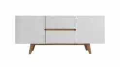 Buffet Scandinave Blanc Brillant Et Bois Clair 2 Portes 2 Tiroirs L160cm MELKA