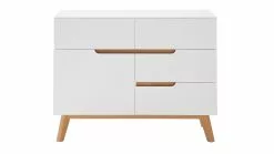 Buffet Scandinave Blanc Mat Et Bois 1 Porte 4 Tiroirs L97 Cm SKIVE