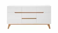 Buffet Scandinave Blanc Mat Et Bois Clair 2 Portes 5 Tiroirs L145 Cm SKIVE