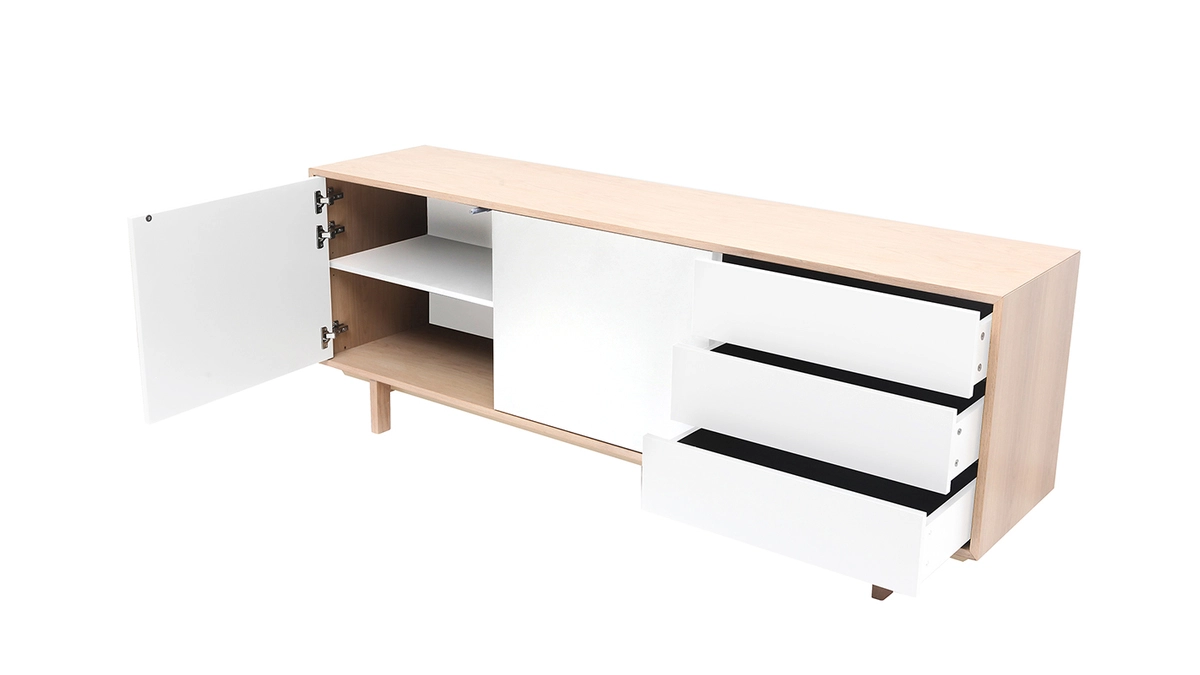 Buffet Scandinave Bois Et Blanc 2 Portes 3 Tiroirs L195cm SID 5 Buffet Scandinave Bois Et Blanc 2 Portes 3 Tiroirs L195cm SID – Image 3