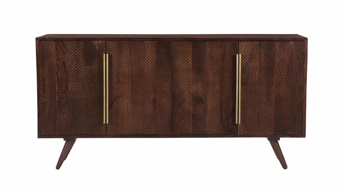 Buffet Vintage En Bois Foncé Manguier Massif Et Métal Doré 4 Portes Gravées L138 Cm REKHA