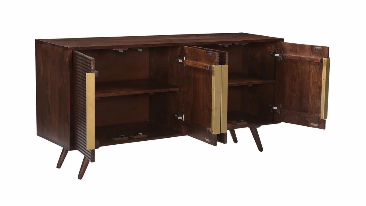 Buffet Vintage En Bois Foncé Manguier Massif Et Métal Doré 4 Portes Gravées L138 Cm REKHA – Image 3