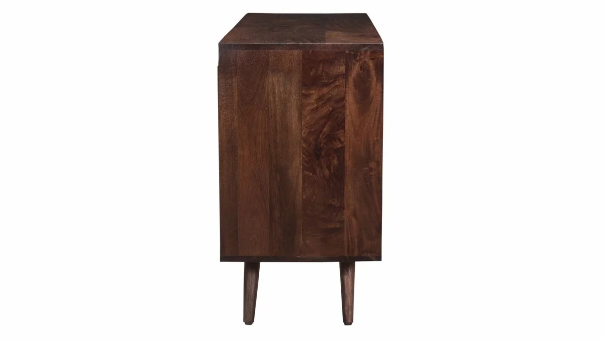 Buffet Vintage En Bois Foncé Manguier Massif Et Métal Doré 4 Portes Gravées L138 Cm REKHA – Image 4