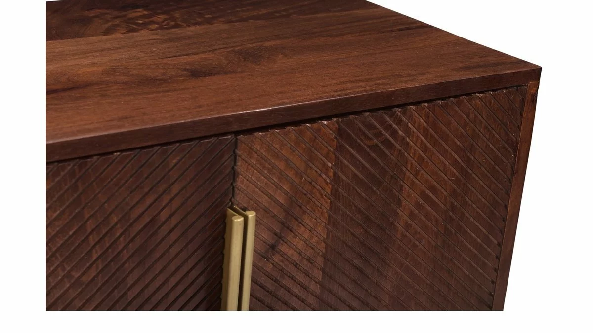 Buffet Vintage En Bois Foncé Manguier Massif Et Métal Doré 4 Portes Gravées L138 Cm REKHA – Image 6