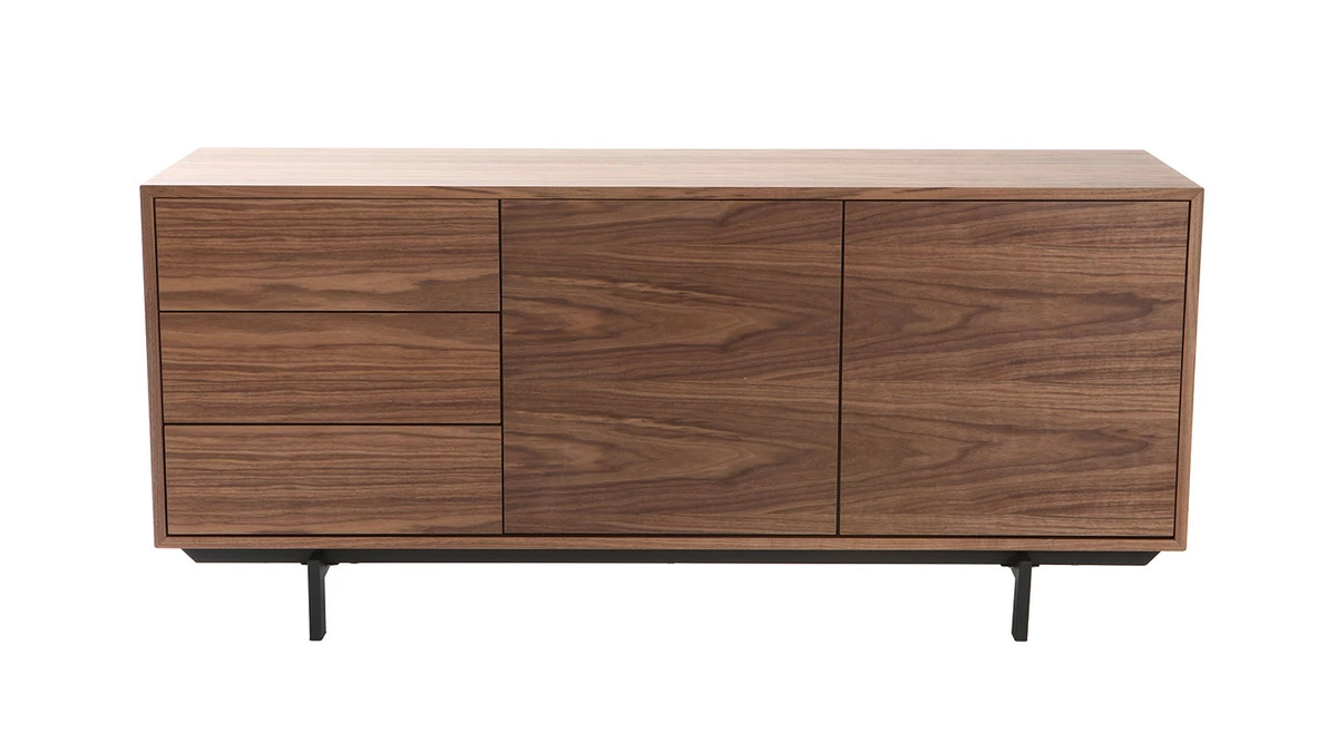 Buffet Vintage En Bois Foncé Noyer 2 Portes 3 Tiroirs L160 Cm MANNY