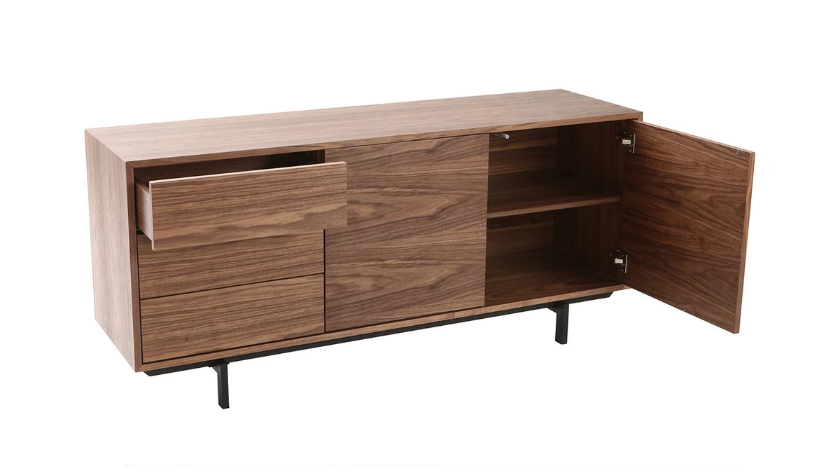 Buffet Vintage En Bois Foncé Noyer 2 Portes 3 Tiroirs L160 Cm MANNY – Image 3